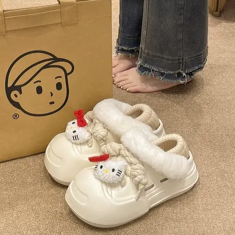 可爱猫咪包跟棉拖鞋女冬季室内厚底毛毛可拆卸保暖外穿加绒洞洞鞋商品大图
