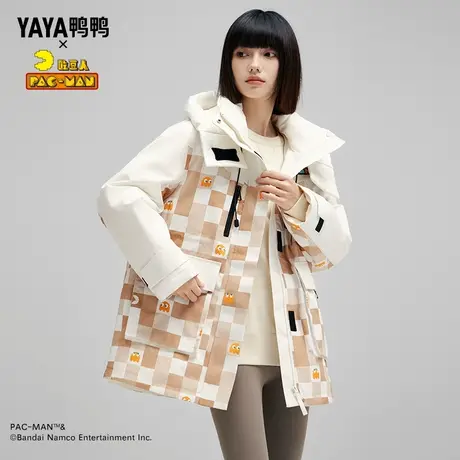 鸭鸭吃豆人联名羽绒服女2023秋冬新品中长款连帽抽绳收腰外套J图片