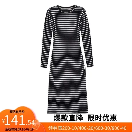 【艾格】2023春季新品长款连衣裙女条纹文艺风裙系带显瘦气质裙子图片