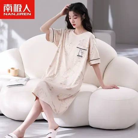 南极人睡衣女夏季纯棉短袖睡裙2023年新款小兔印花卡通薄款家居服商品大图