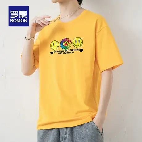 罗蒙男士纯棉短袖T恤夏季薄款笑脸印花圆领宽松大码男装上衣服体t图片