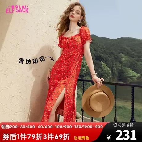 妖精的口袋红色雪纺碎花连衣裙女2023夏季新款方领性感气质显瘦潮图片