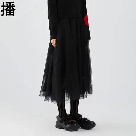 播网纱半身裙女2023秋季新品休闲宽松圆点装饰斜下摆蕾丝黑色半裙图片