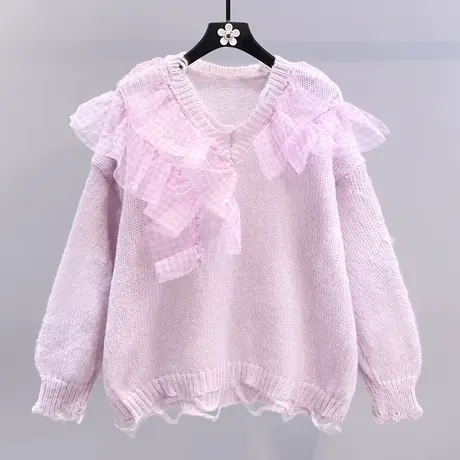 网纱荷叶边拼接破洞V领针织衫女2023早春新款宽松设计感薄款毛衣图片