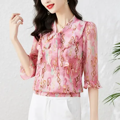 秋装中袖雪纺衫女2023今年新款新品碎花春夏小衫减龄漂亮洋气印花图片