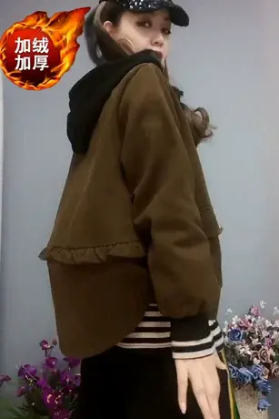 欧洲站2023秋冬新款设计感木耳边连帽加绒派克服宽松短款加厚外套商品大图