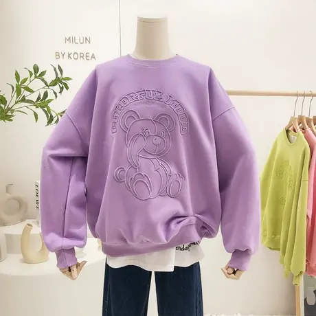 紫色卫衣2022早春新款韩国东大门ins刺绣小熊上衣打底衫慵懒大码商品大图