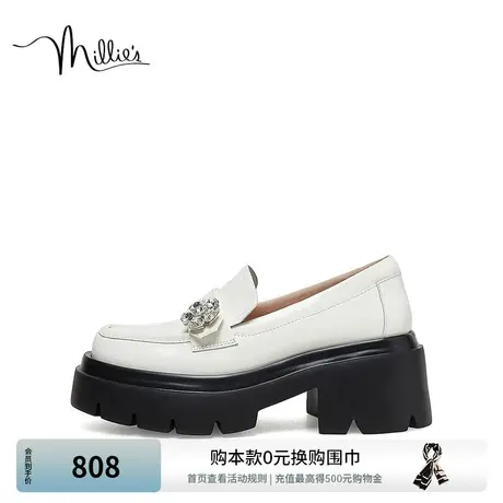 millie's/妙丽2023秋新款圆头钻扣厚底粗跟女乐福小皮鞋91661CA3图片