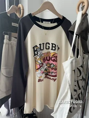 秋季新款棒球兔八哥卡通减龄插肩袖拼接宽松洋气百搭长袖T恤女商品大图