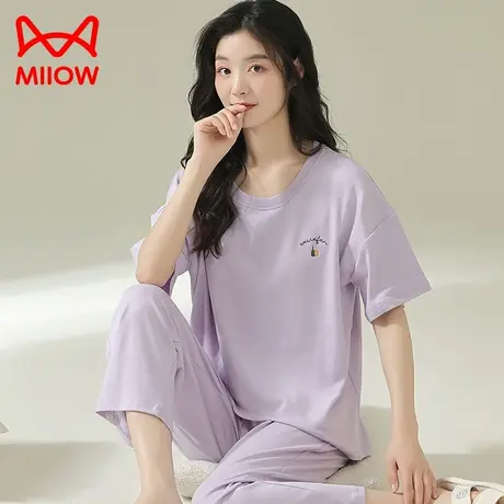 猫人睡衣女夏季纯棉短袖七分裤带胸垫可外穿家居服套装夏天商品大图