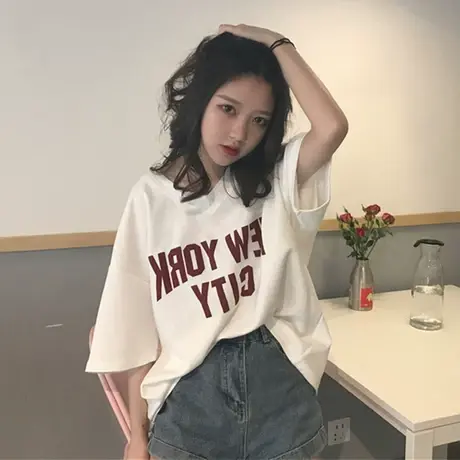v领t恤女短袖白色字母宽松显瘦2023年夏季新款正肩鸡心领纯色上衣商品大图