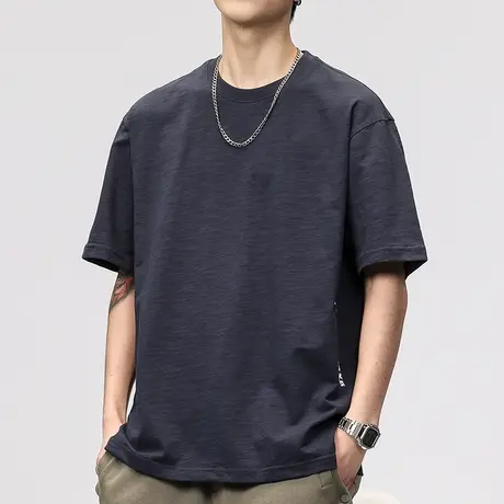 男透气士竹节棉t恤男夏季薄款潮牌男装2023夏季简约圆领上衣体恤商品大图