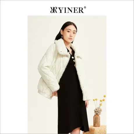 YINER音儿女装2022冬新款短款水貂毛边菱格纹羽绒服商品大图