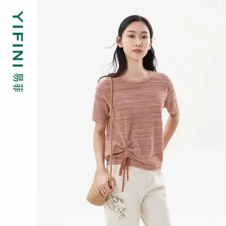[专柜同款]Yifini/易菲宽松休闲百搭短款花纱针织毛衫夏装新商品大图