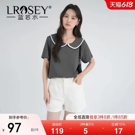 【撞边娃娃领雪花棉T恤】蓝若水大码2025夏装新款简约小个子上衣商品大图