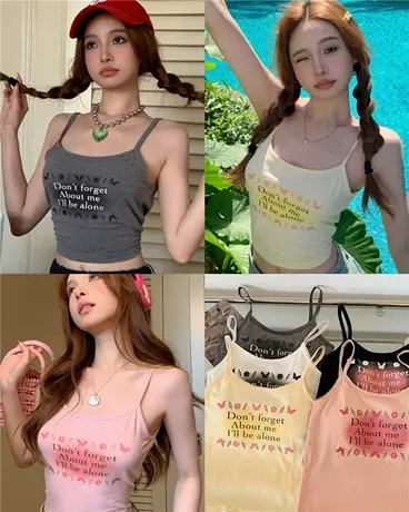 纯欲风甜美少女字母印花吊带背心带胸垫辣妹内搭外穿短款无袖上衣商品大图