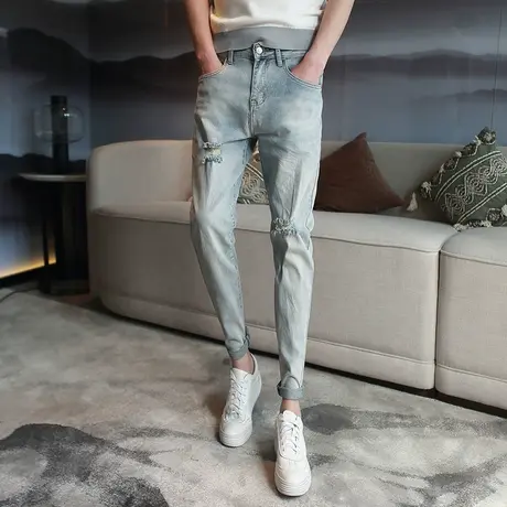 2023夏季浅色重工水洗小直角裤破洞做旧小脚牛仔裤男潮修身长裤图片
