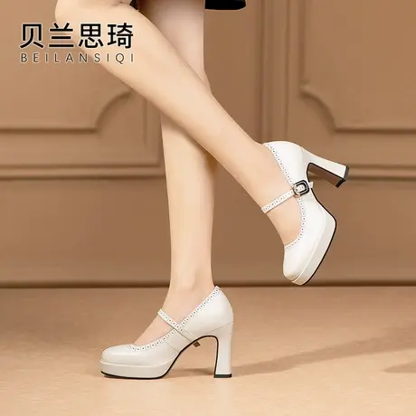 真皮一字带圆方头浅口厚底粗跟单鞋女2025春秋季新款防水台高跟鞋图片