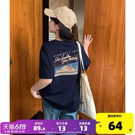 yoe短袖t恤女上衣藏青色圆领宽松夏季新款复古印花半袖纯棉女装商品大图