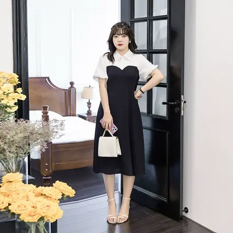 2023年夏季新款泡泡袖气质假两件中长款大码胖妹妹连衣裙显瘦遮肉商品大图