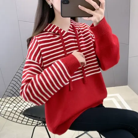 条纹连帽毛衣女2023秋冬新款爆款洋气时尚加厚韩版慵懒针织打底衫商品大图
