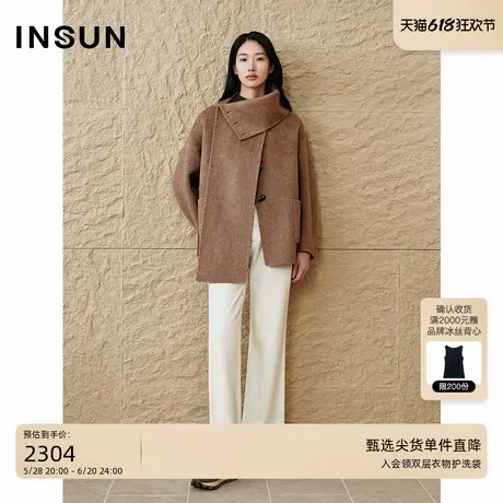 INSUN恩裳专选2025新品老钱风骆驼绒羊毛围巾大衣图片