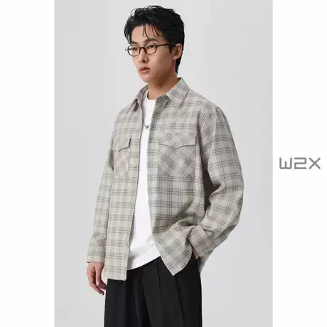 w2x2025春季羊毛格子长袖衬衫男高级感痞帅休闲百搭美式工装衬衣商品大图