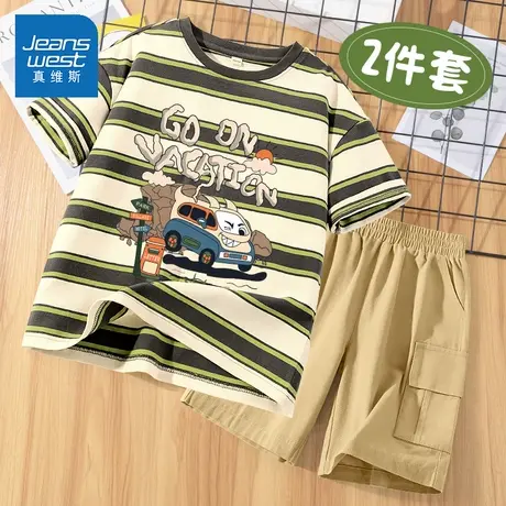 真维斯童装男童套装2025新款中大童夏季薄款条纹短袖t恤儿童夏装图片