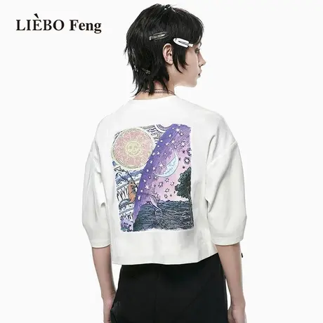 裂帛LIEBOFeng原创设计chic印花百搭宽松白色盐系别致抽褶短袖T恤图片