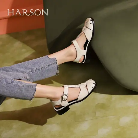 哈森罗马凉鞋女夏季时尚休闲编织真皮低跟包头猪笼鞋HWM240162图片