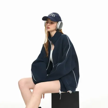 美式复古拼接拉链开衫立领卫衣女春秋新款运动休闲情侣款外套上衣商品大图