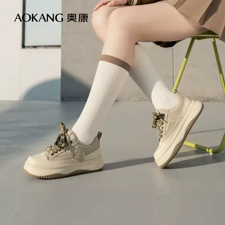 奥康女鞋 春秋圆头厚底增高面包鞋百搭舒适系带拼接休闲板鞋潮流图片