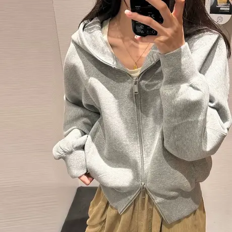 双拉链开衫连帽卫衣女春秋装宽松韩版薄款设计感小众长袖外套上衣商品大图