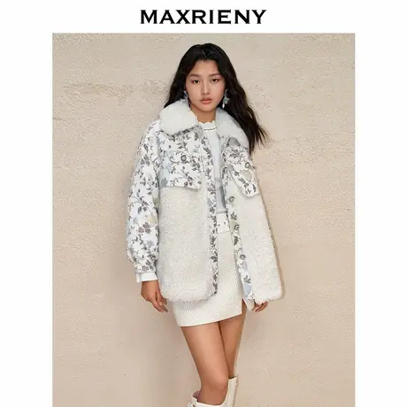 【奥莱】MAXRIENY优雅复古感环保皮草外套款提花羽绒服商品大图