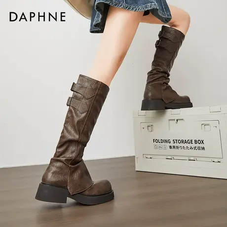 达芙妮美拉德长筒靴女秋2025新款褶皱堆堆复古棕色靴子裤管骑士靴商品大图