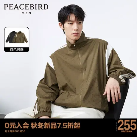 太平鸟男装 2023秋季新款老花满印夹克皮肤衣男拼接时尚休闲外套商品大图