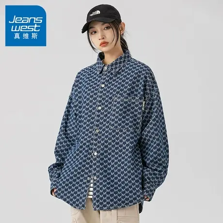 N5真维斯男士长袖衬衫2025新款秋季美式情侣牛仔外套男生休闲衬衣商品大图