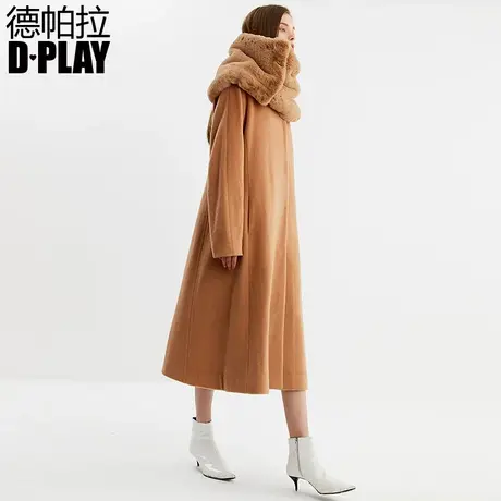 DPLAY德帕拉2018冬新品欧美驼色可脱卸毛领长款外套保暖毛呢大衣商品大图