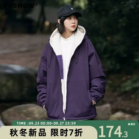 VIISHOW连帽仿羊羔绒棉衣男冬季加绒加厚棉服宽松双面穿工装外套商品大图