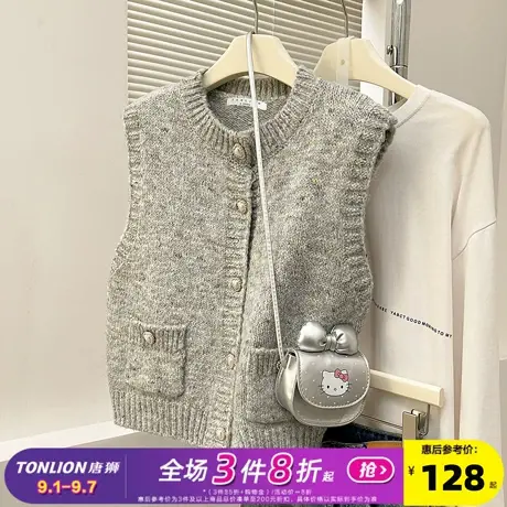 唐狮2025秋冬毛衣女花纱圆领口袋开衫马甲外穿高级感百搭气质潮流商品大图