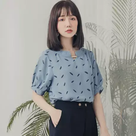 桔熊春夏季气质清新树叶印花后排扣灯笼袖雪纺衫上衣女大码AB9340图片