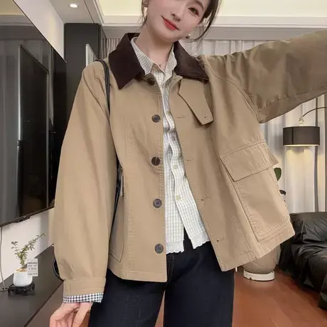 韩版撞色翻领风衣外套女2025秋季新款小个子时尚百搭显瘦夹克上衣商品大图