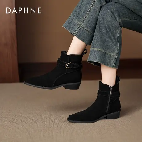 达芙妮棕色粗跟短靴子女2025新款爆款秋冬法式绒面马丁靴瘦瘦靴女图片