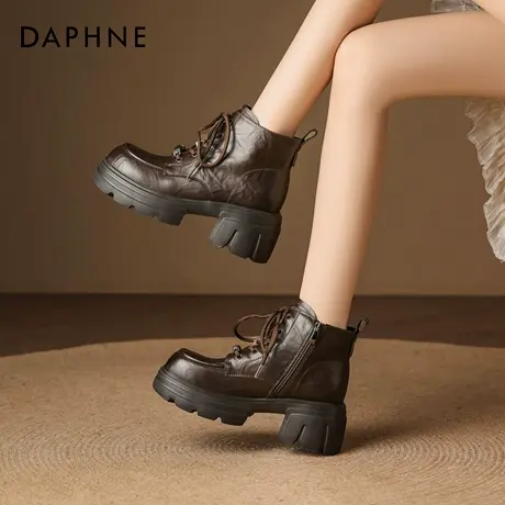 达芙妮厚底马丁靴女2025新款秋冬高跟棕色短靴复古骑士靴增高鞋子图片