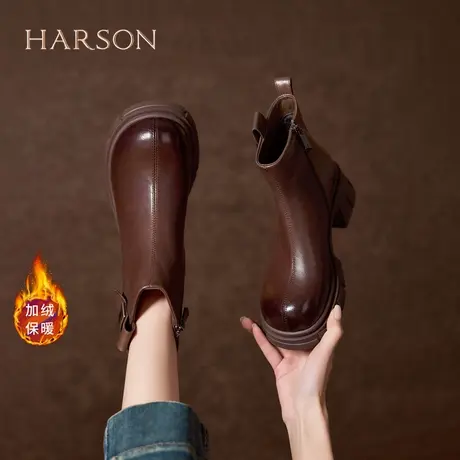 哈森英伦风真皮时装短靴女25秋冬加绒保暖软底舒适马丁靴瘦瘦靴图片