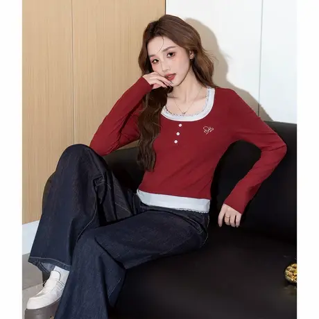 唐狮新款春女圆领长袖T恤假两件设计蕾丝边休闲百搭韩系潮wpTD图片
