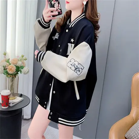 黑色棒球服外套女春秋2023新款宽松学院风减龄休闲小个子夹克上衣商品大图