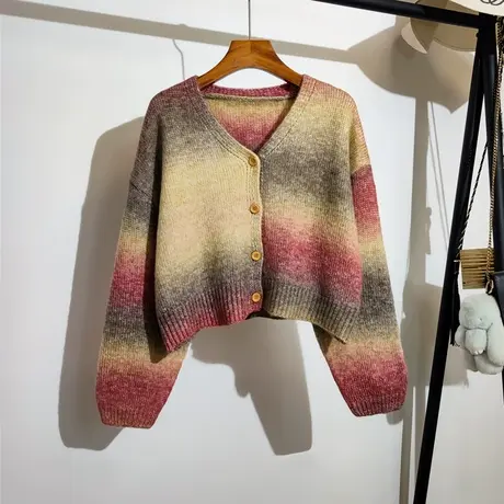 渐变色针织开衫女2023秋冬新款宽松V领休闲上衣长袖短款毛衣外套商品大图