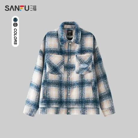 三福2023冬男士字母图标格纹夹克 时尚休闲宽松翻领外套477172图片