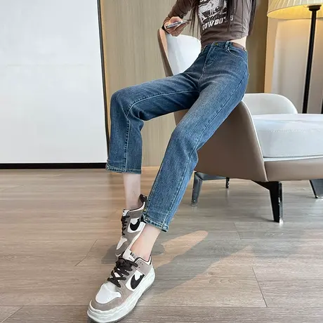 蓝色直筒牛仔裤女春秋2023年新款宽松高腰显瘦显高百搭开叉烟管裤商品大图